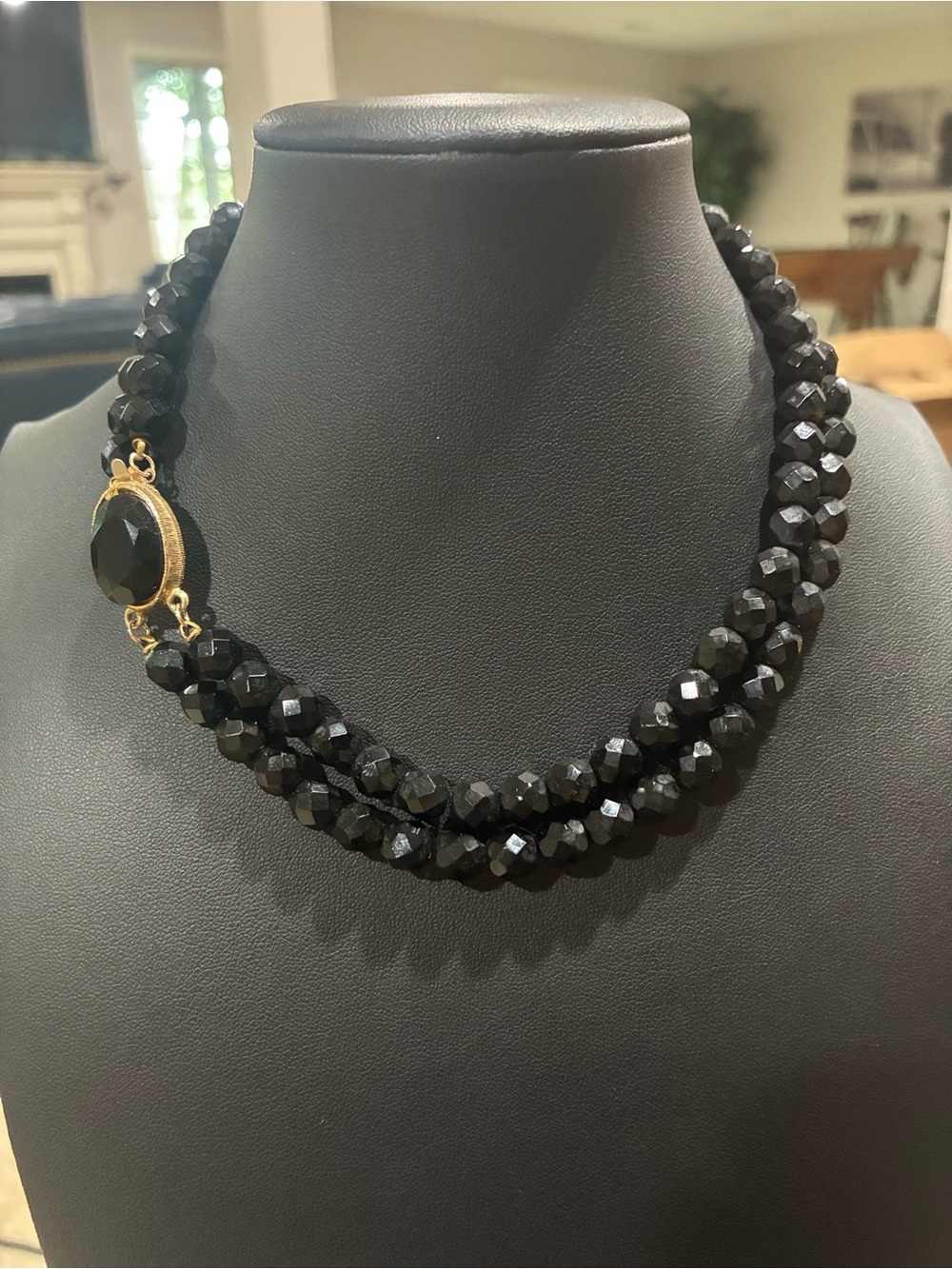 Vintage Mid Century Black Faceted Glass Bead Multi Strand Necklace